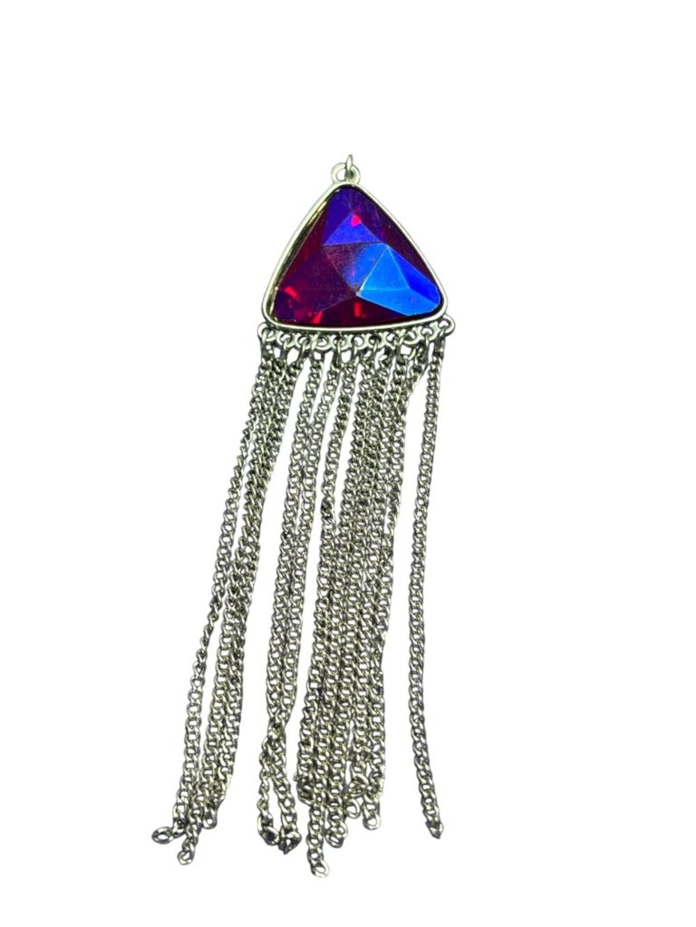 Blue Pink Purple Prism Rhinestone Pendant Silvertone Chain Fringe 4 inches
